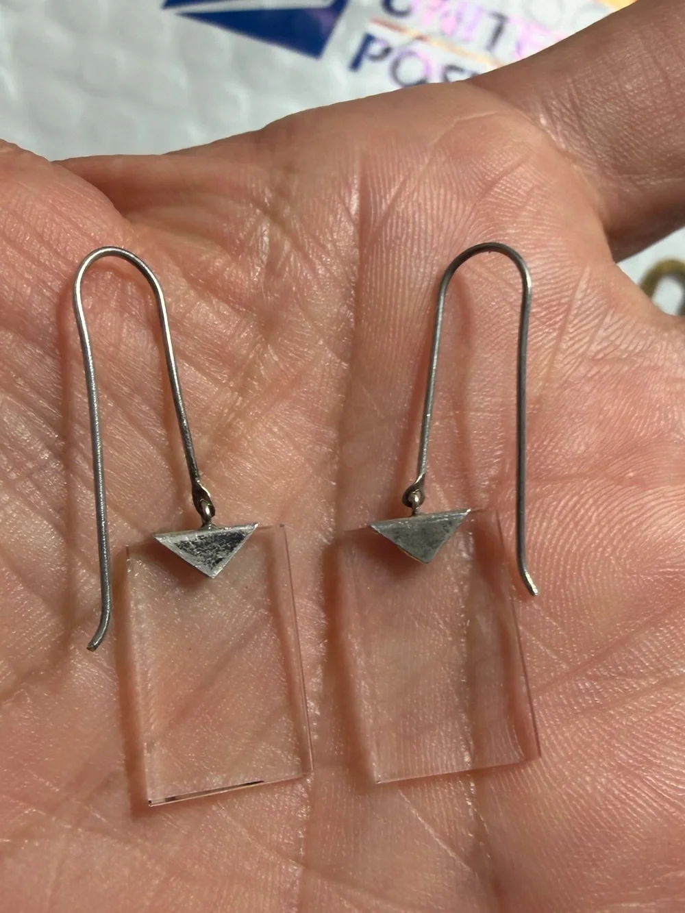 Vintage 925 Sterling Silver Clear Rectangle Drop Earrings